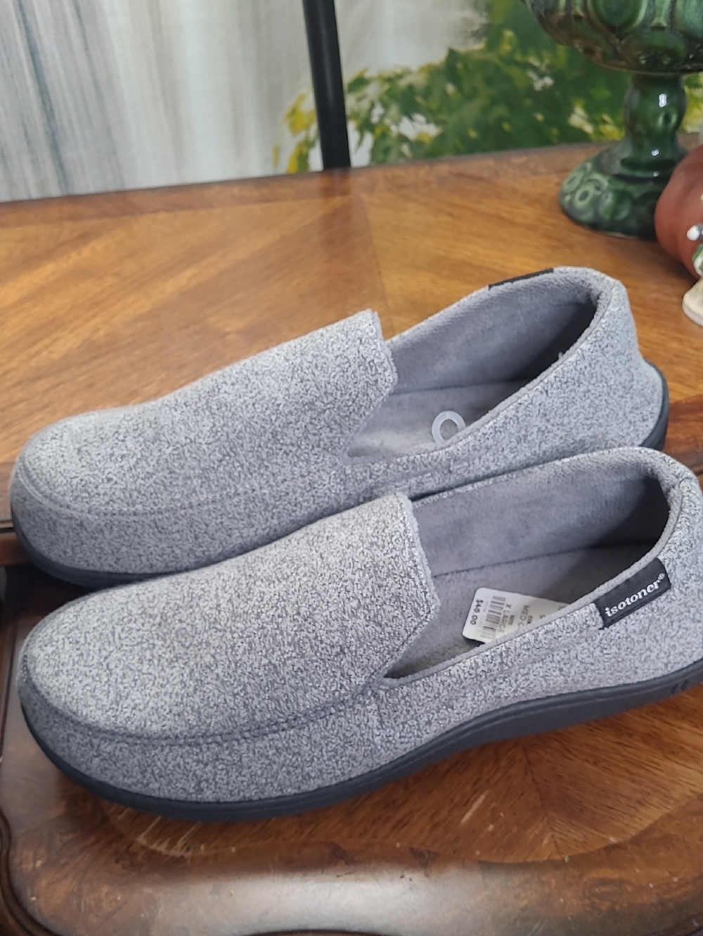 New! Isotoner Space Dye Mens 11-12 Gray Slip On Casual Indoor Outdoor Slippers